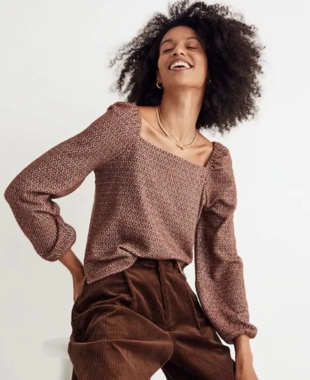 Madewell Jacquard Puff Sleeve Top Brown Women's XL Dark Merlot Fall